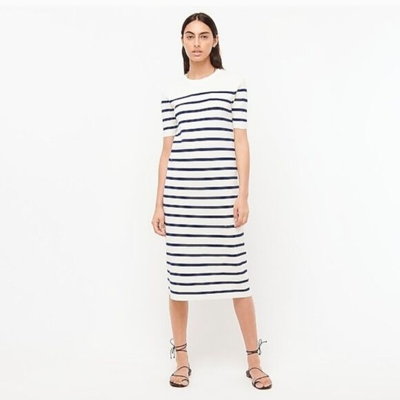 J. Crew Margot Midi Sheath Sweater Dress Navy/White Stripes Women's Medium - Picture 1 of 13